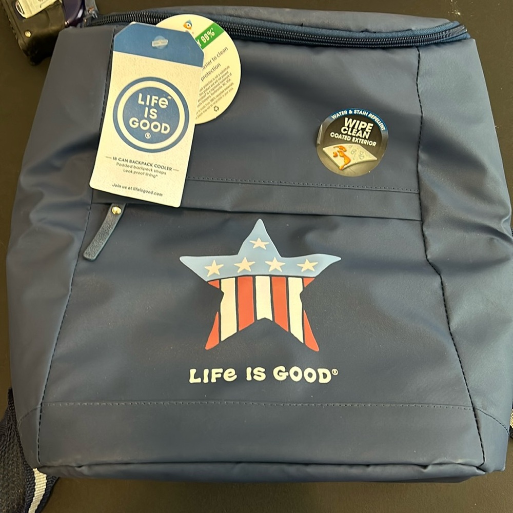 Life is Good 18 can backpack cooler with padded straps and leak proof lining